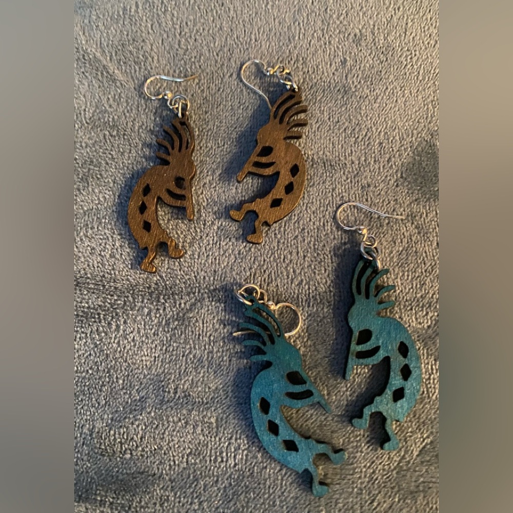 2 pairs of wooden Kokopelli earrings, blue and brown